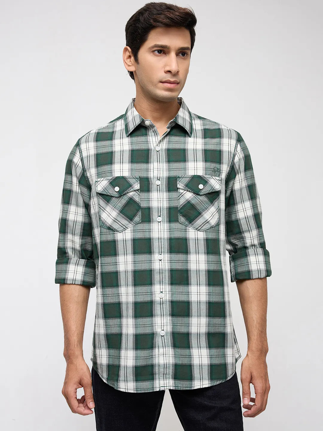 Men Shirt Check Green Regular Fit
