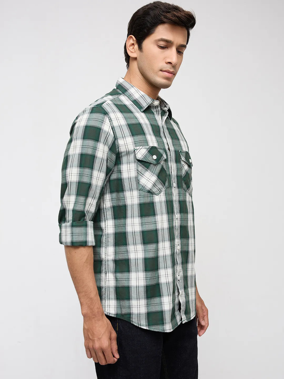 Men Shirt Check Green Regular Fit
