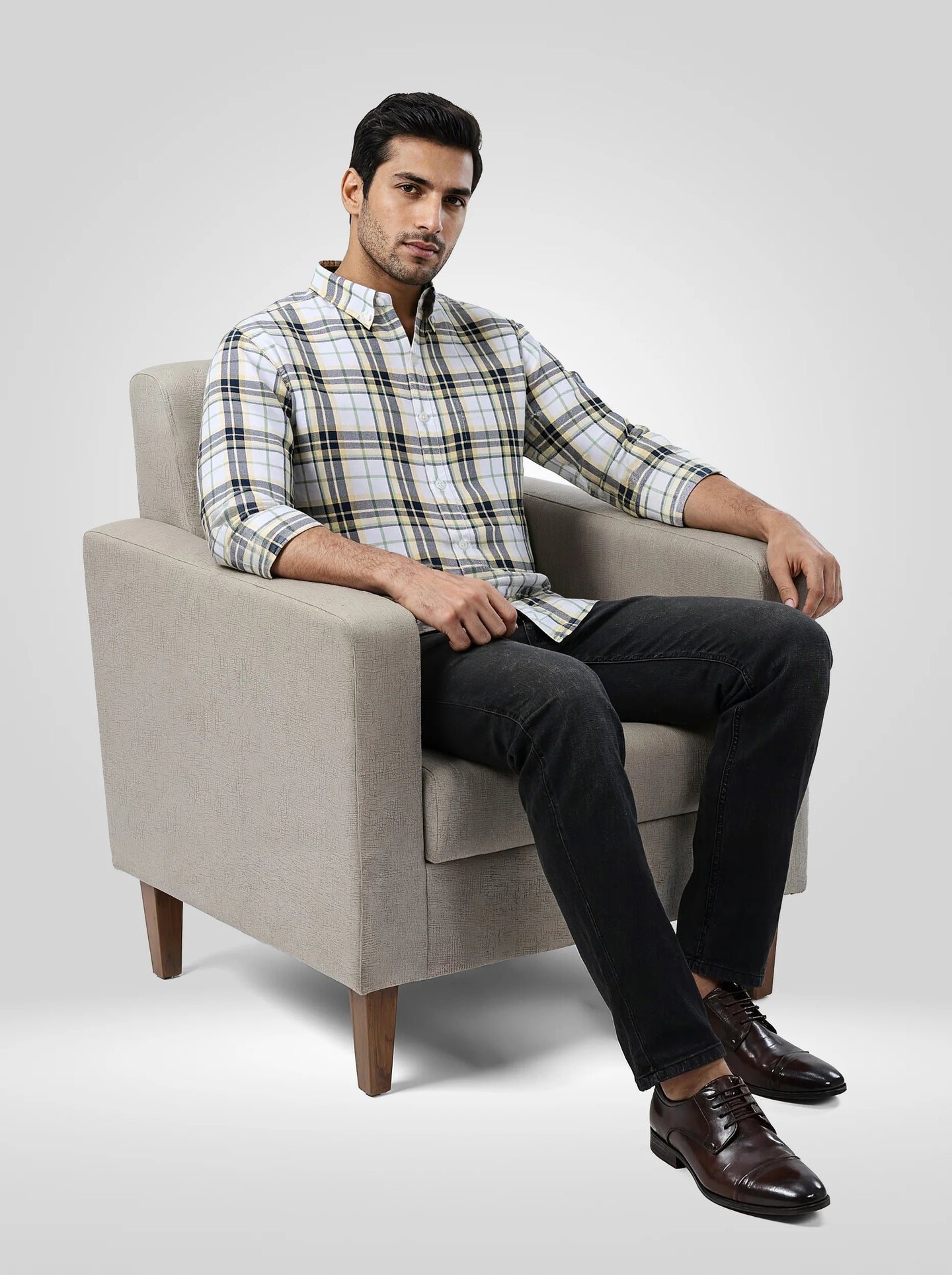 Men Shirt Check Yellow Regular Fit