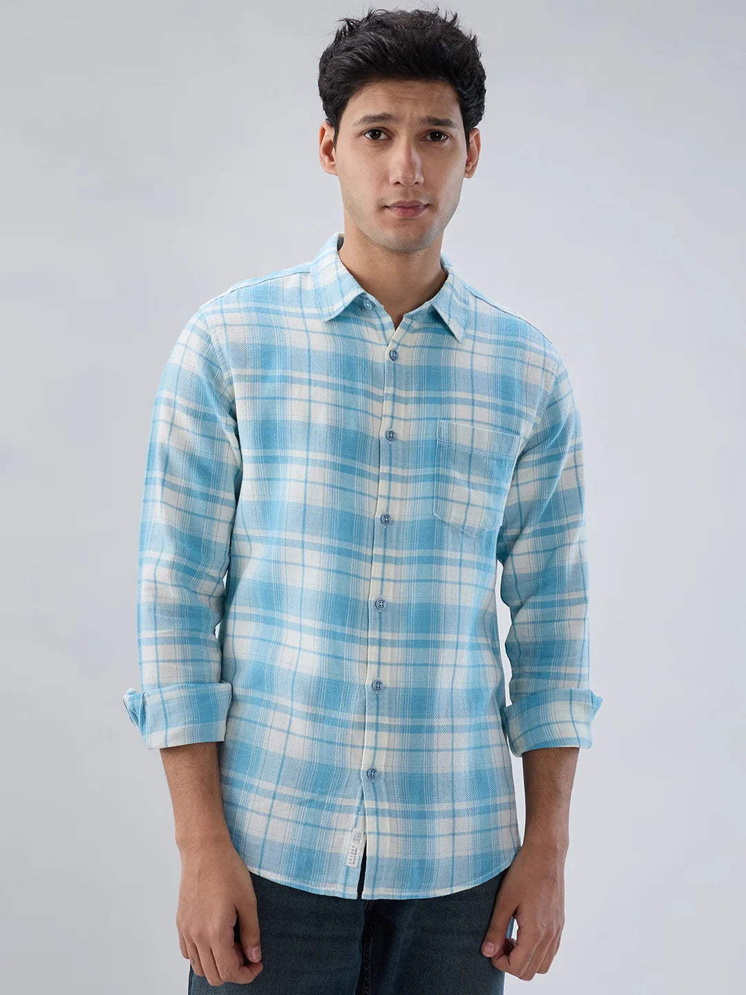 Men Shirt Check Blue Regular Fit
