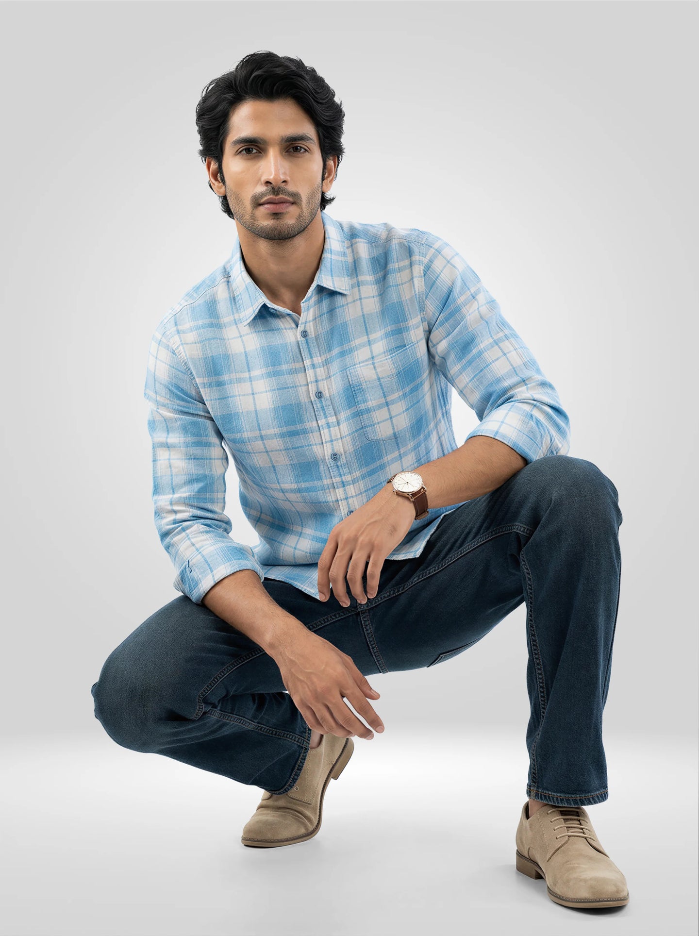 Men Shirt Check Blue Regular Fit