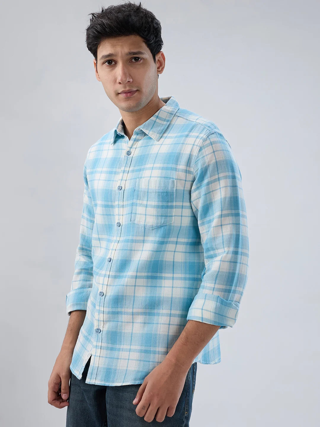 Men Shirt Check Blue Regular Fit
