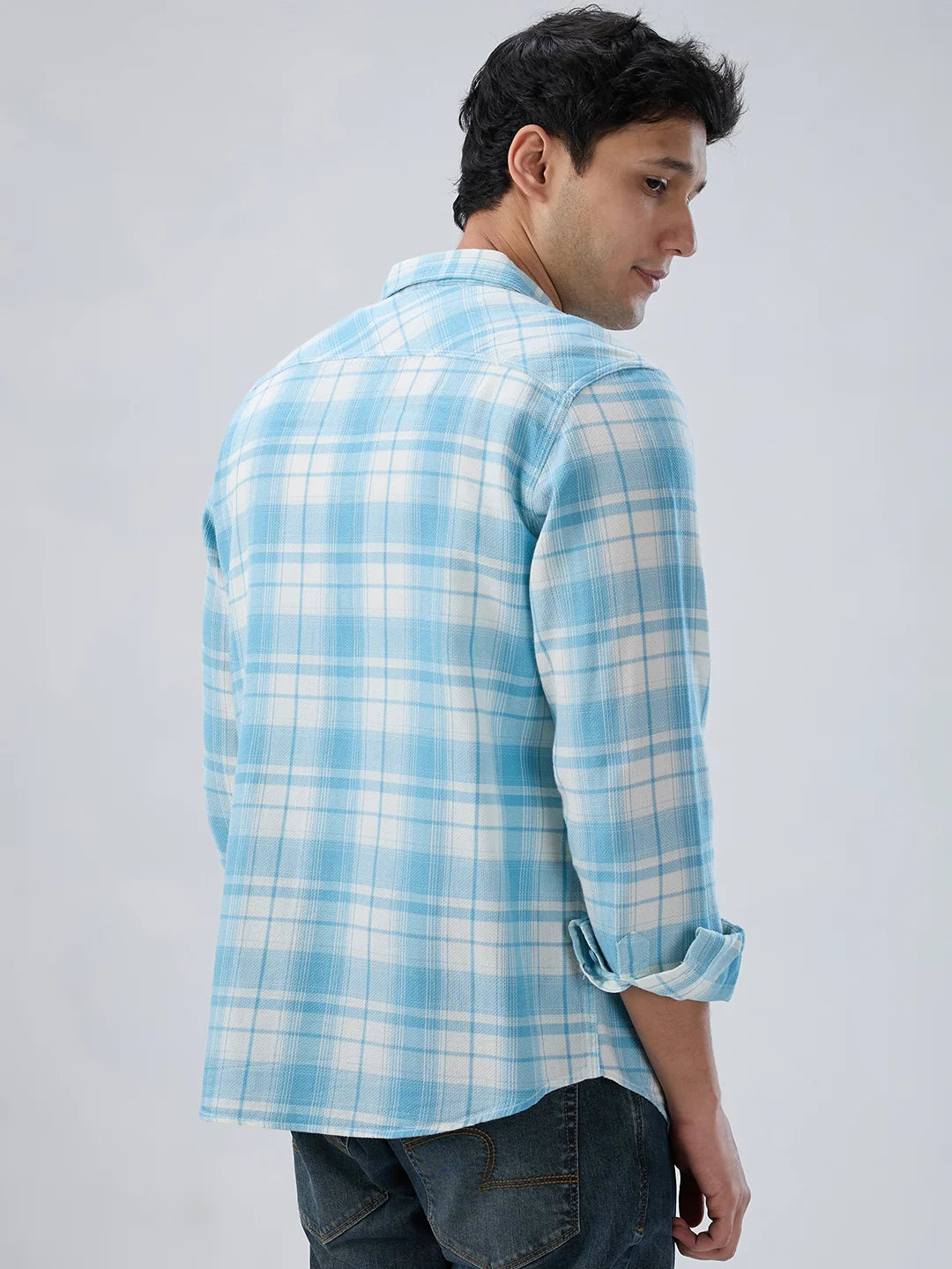 Men Shirt Check Blue Regular Fit