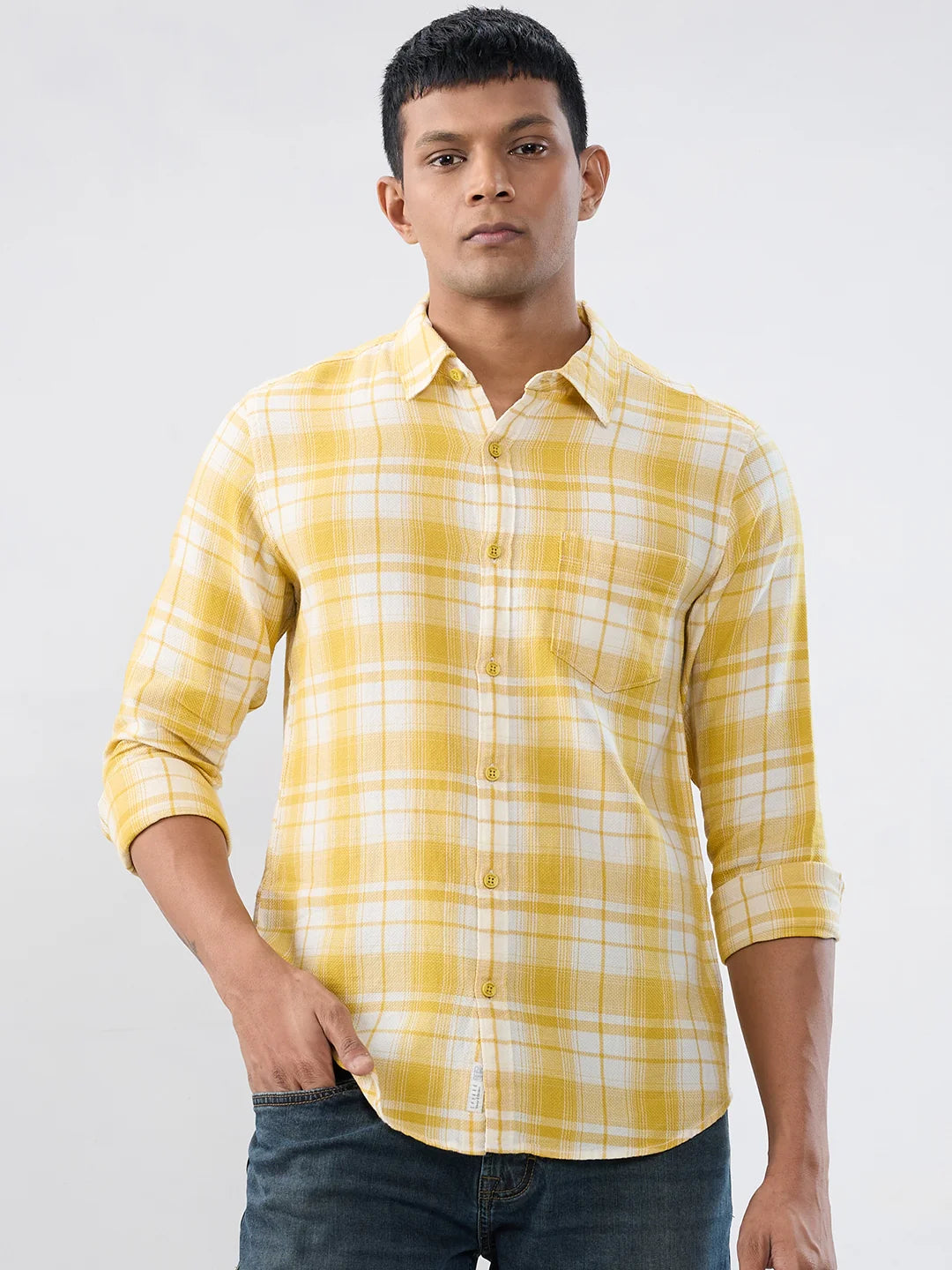 Men Yellow Check Regular Fit Shirts