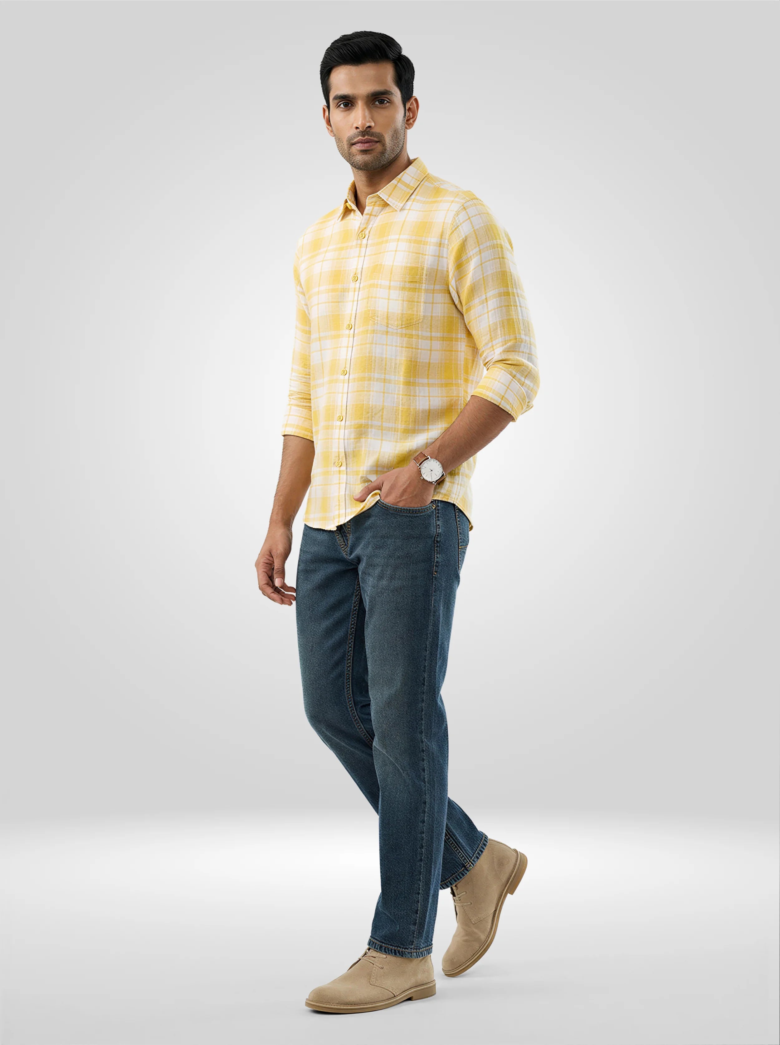 Men Yellow Check Regular Fit Shirts