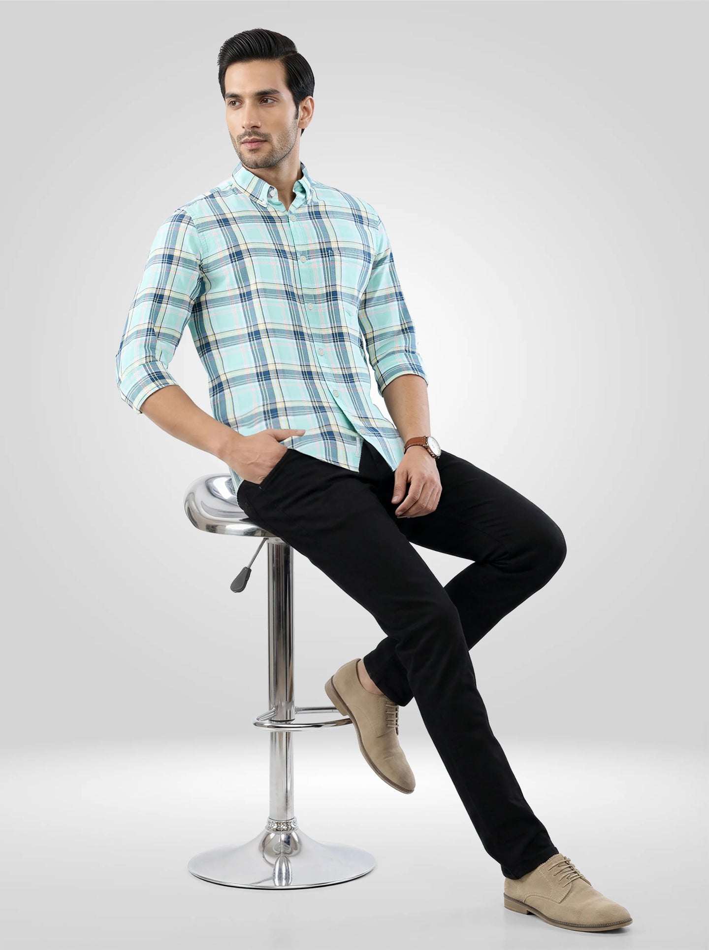Men Shirt Check Blue Regular Fit