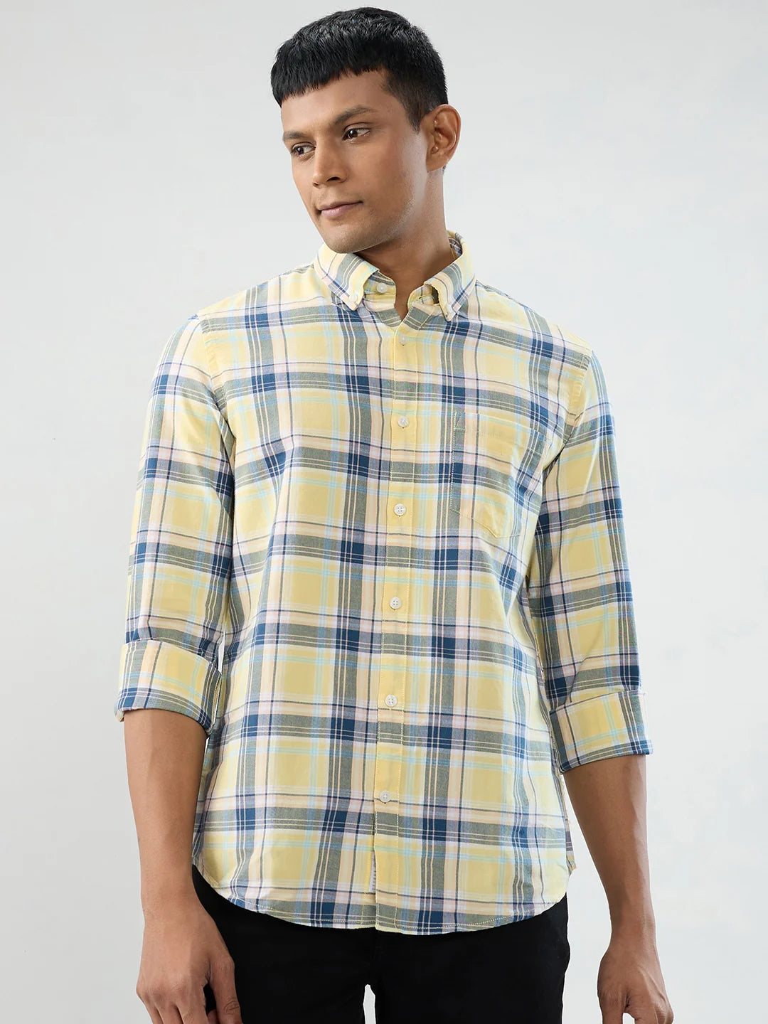 Men Shirt Check Yellow Regular Fit