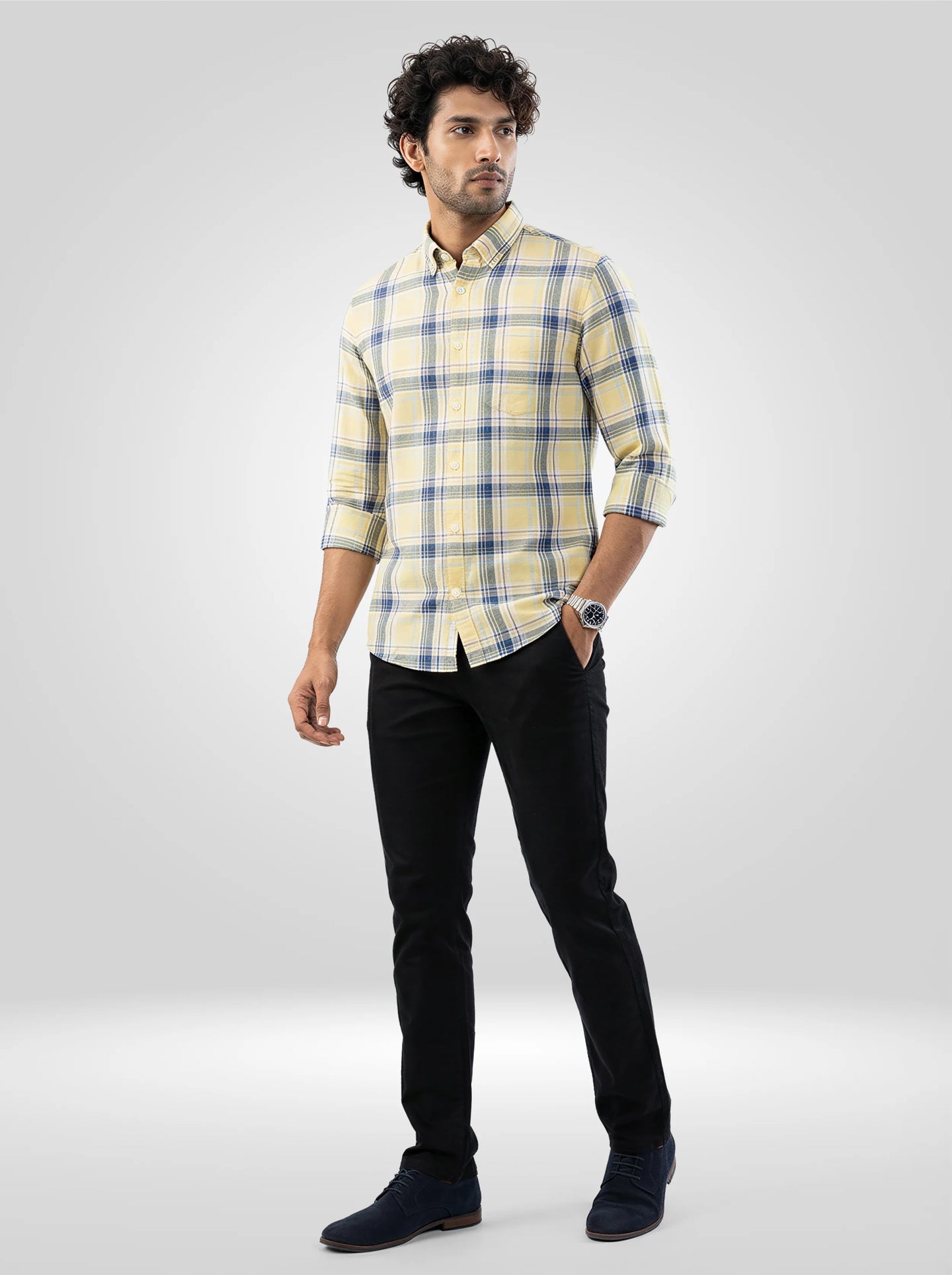 Men Shirt Check Yellow Regular Fit