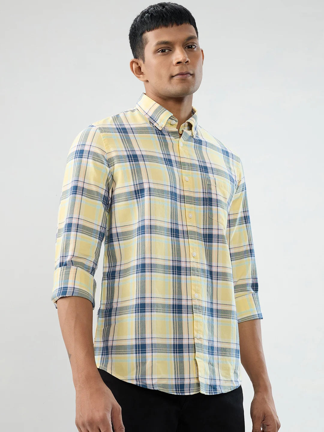 Men Shirt Check Yellow Regular Fit