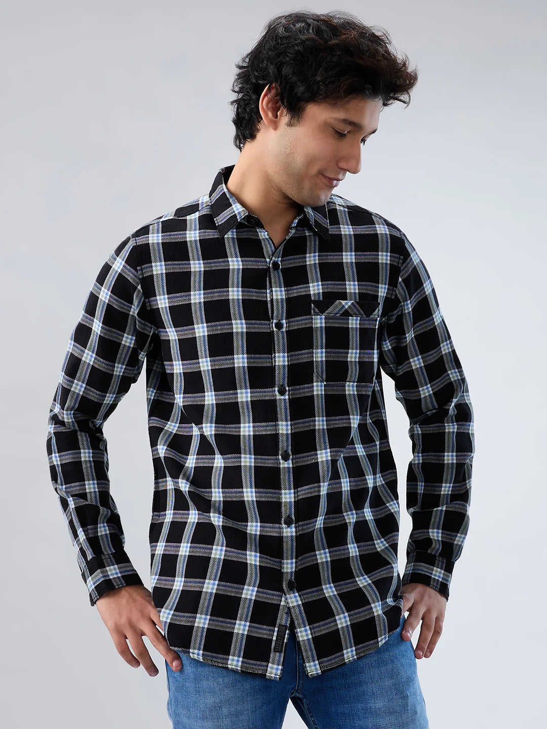 Men Shirt Check Black Regular Fit