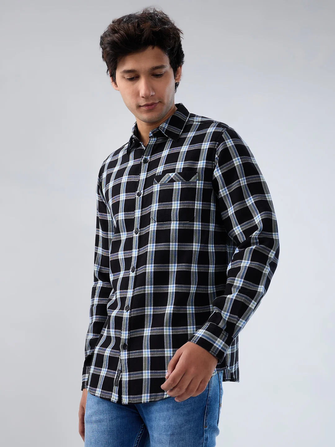 Men Shirt Check Black Regular Fit