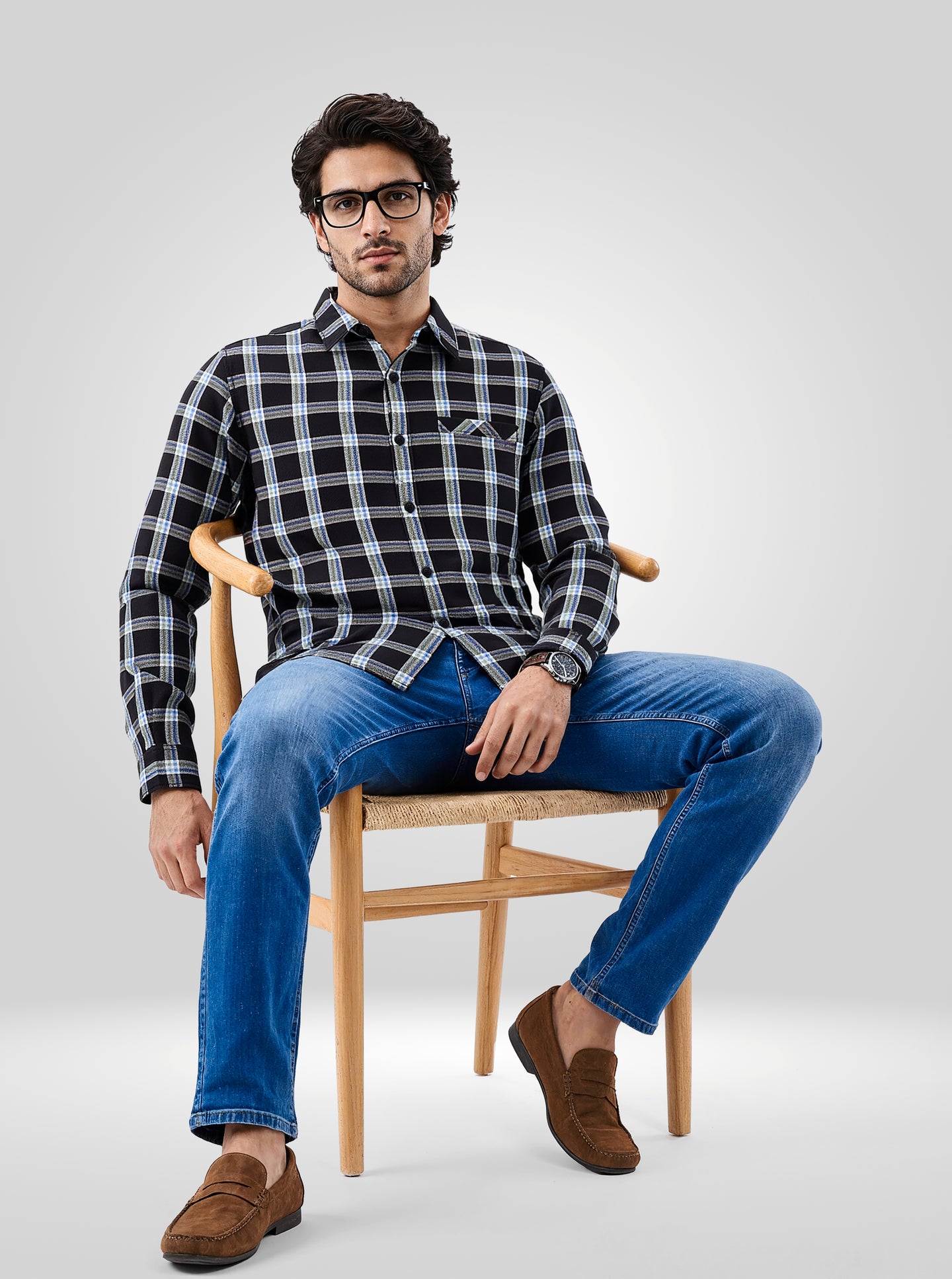 Men Shirt Check Black Regular Fit
