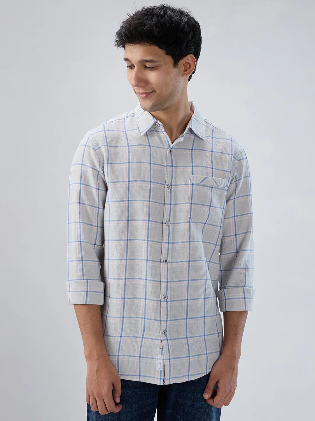 Men Shirt Check Grey Regular Fit