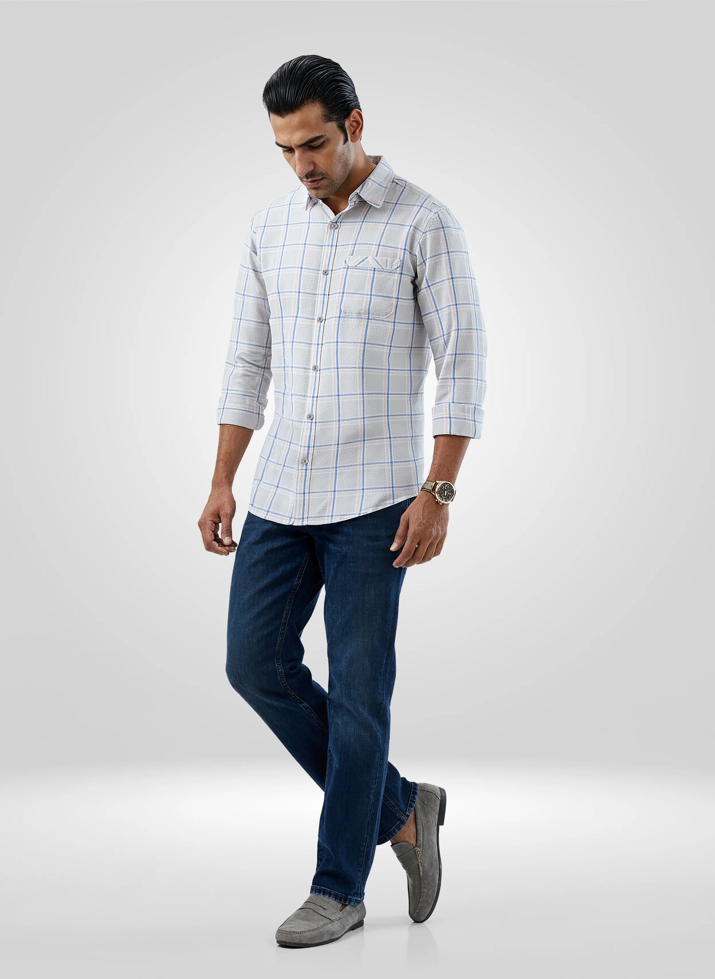 Men Shirt Check Grey Regular Fit