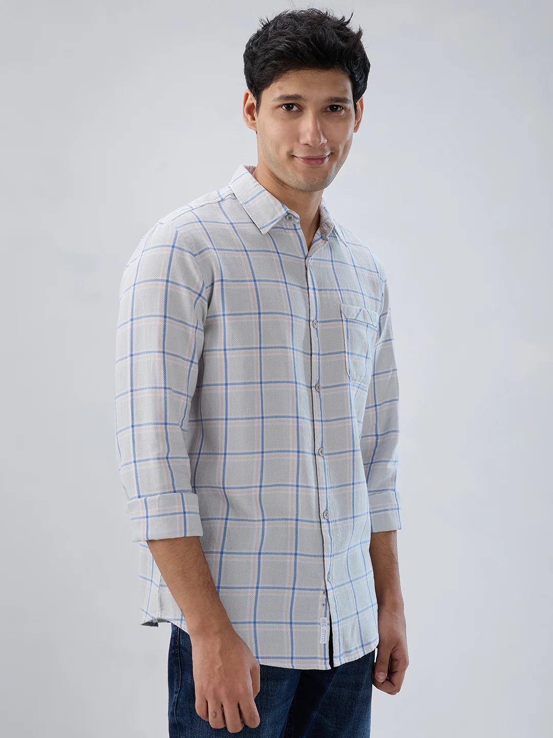Men Shirt Check Grey Regular Fit