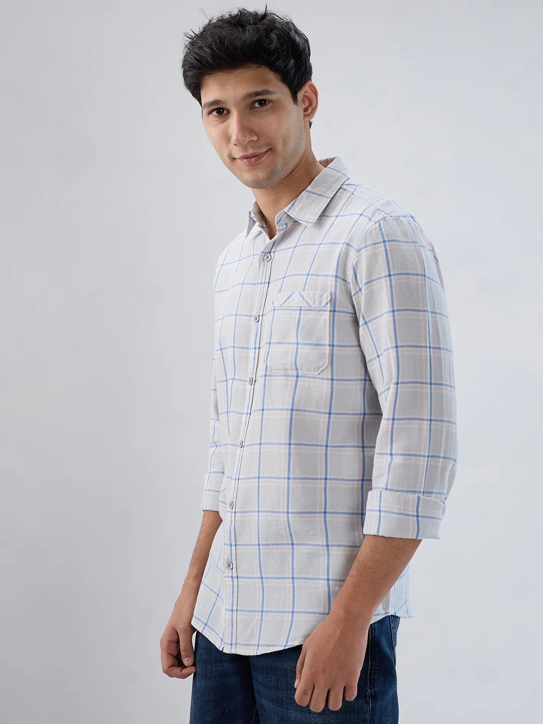 Men Shirt Check Grey Regular Fit