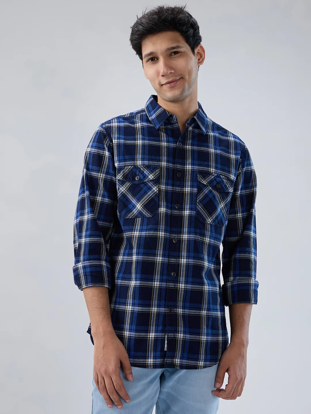Men Shirt Check Blue Regular Fit