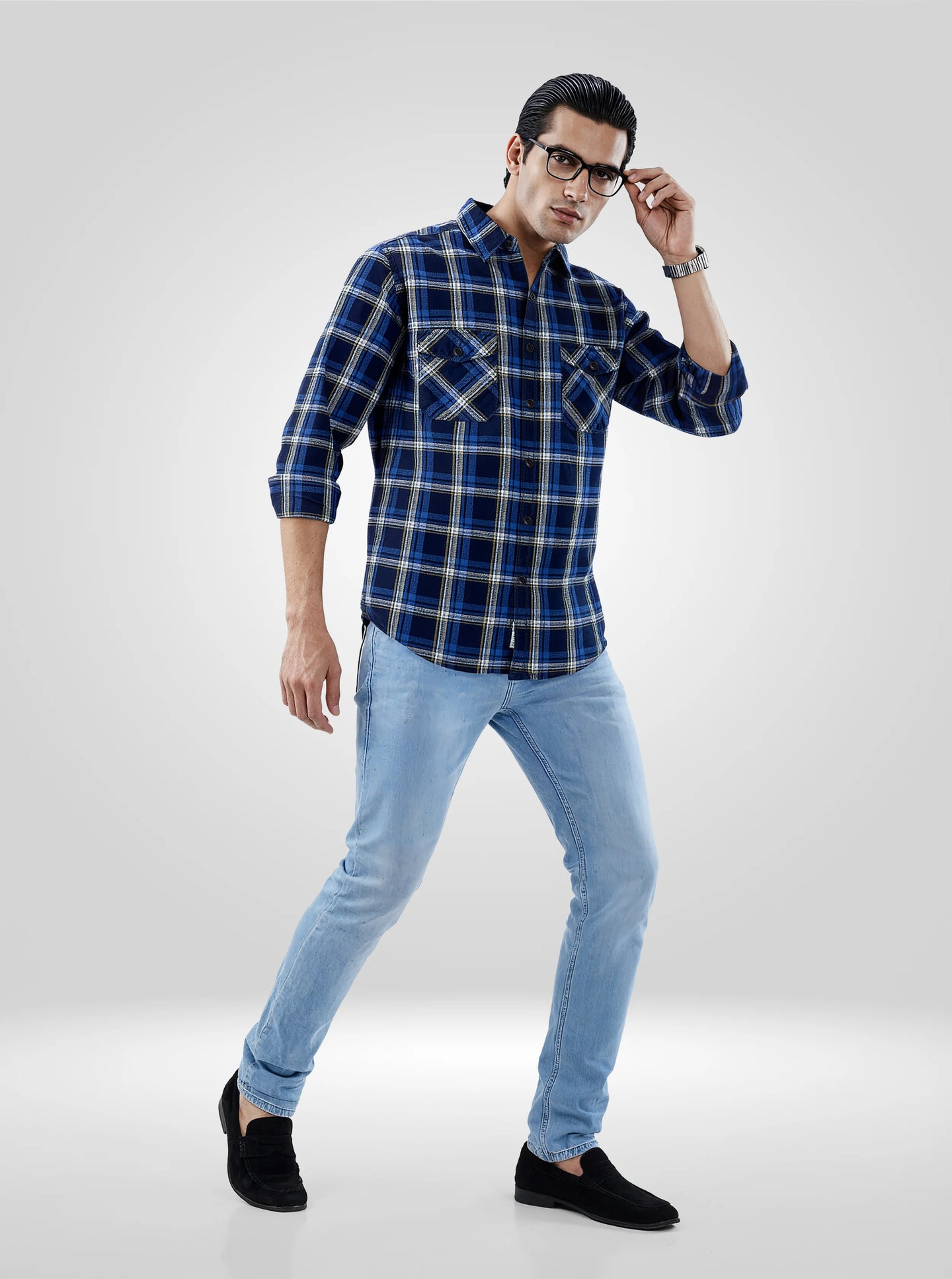 Men Shirt Check Blue Regular Fit