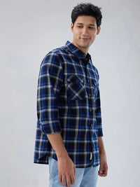 Men Shirt Check Blue Regular Fit