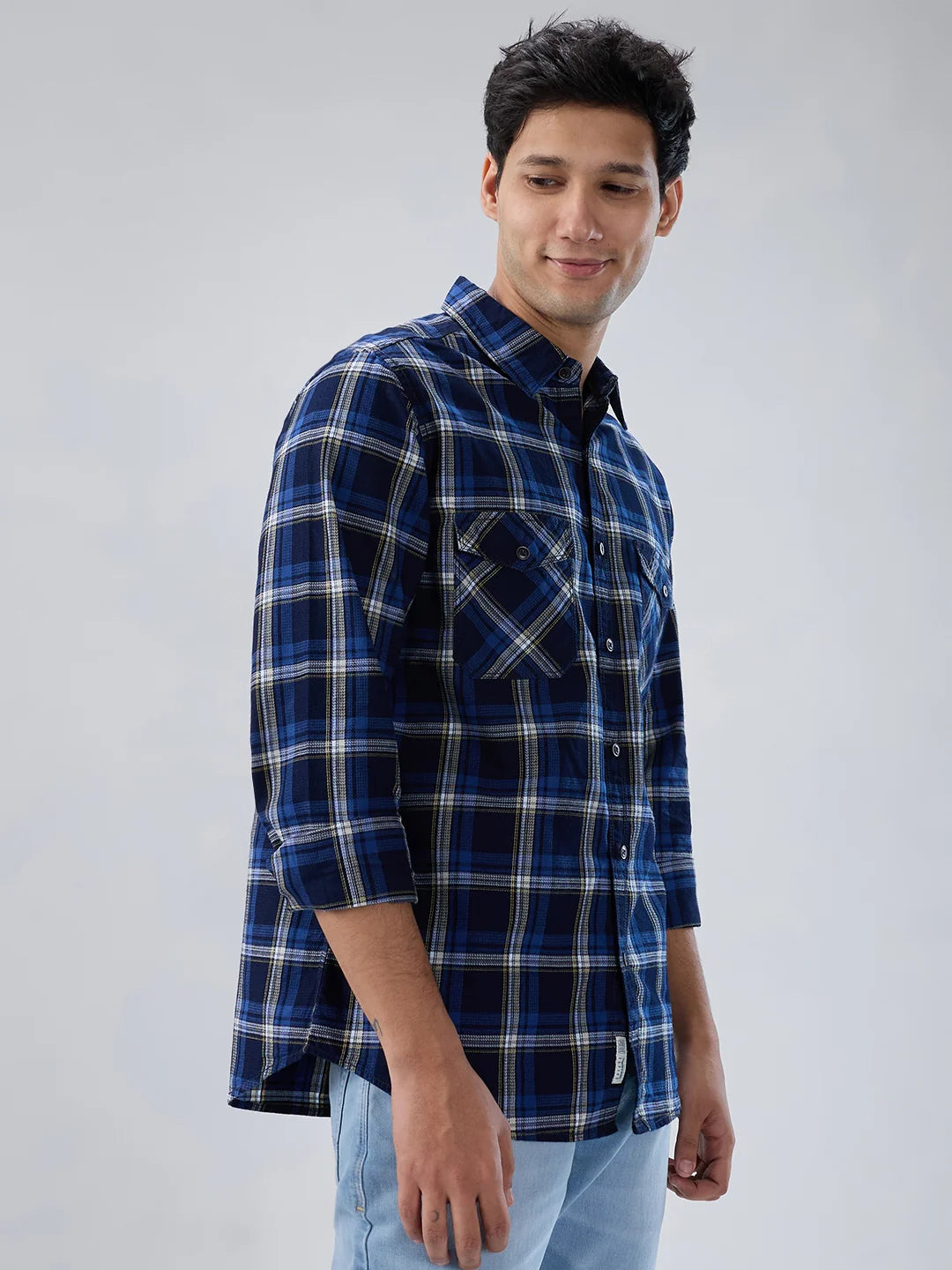 Men Shirt Check Blue Regular Fit