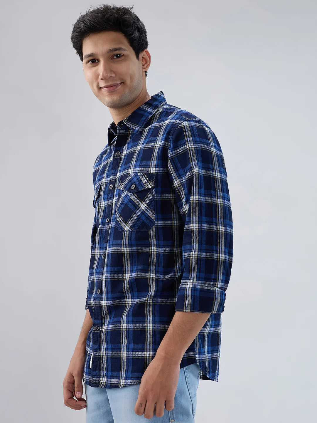 Men Shirt Check Blue Regular Fit