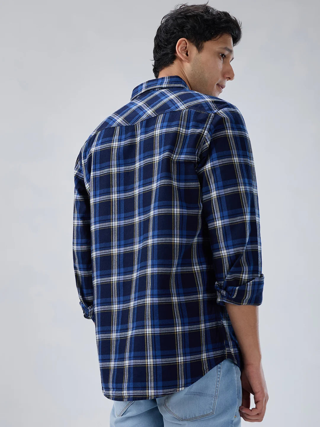 Men Shirt Check Blue Regular Fit