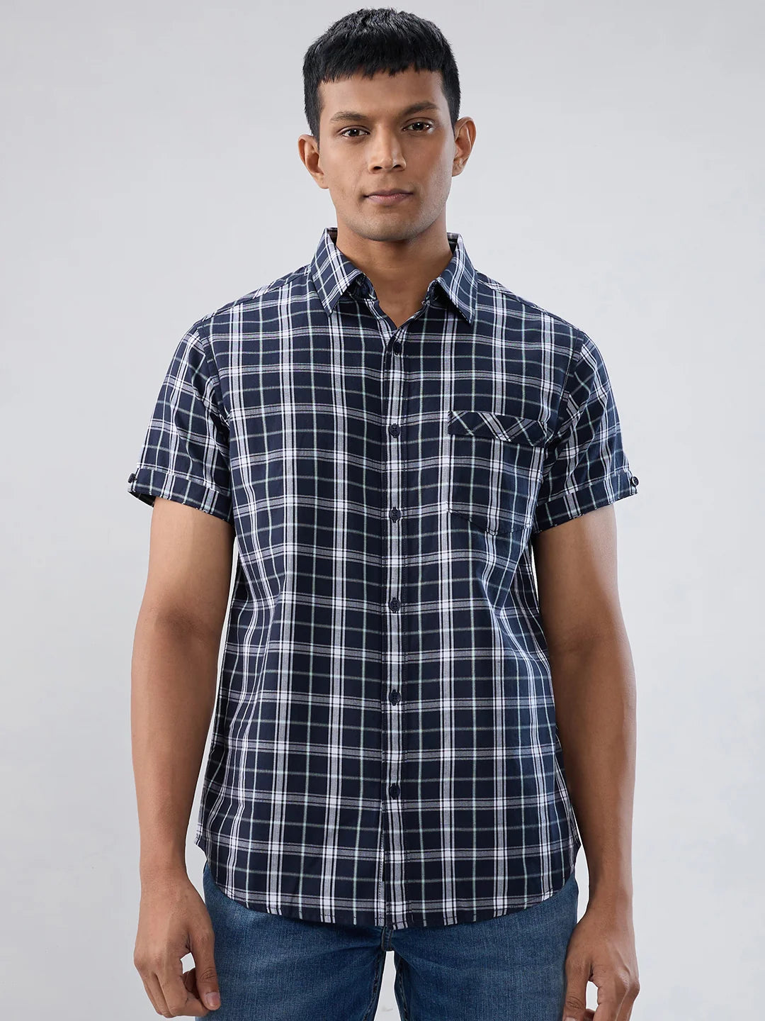 Men Shirt Check Navy Blue Regular Fit