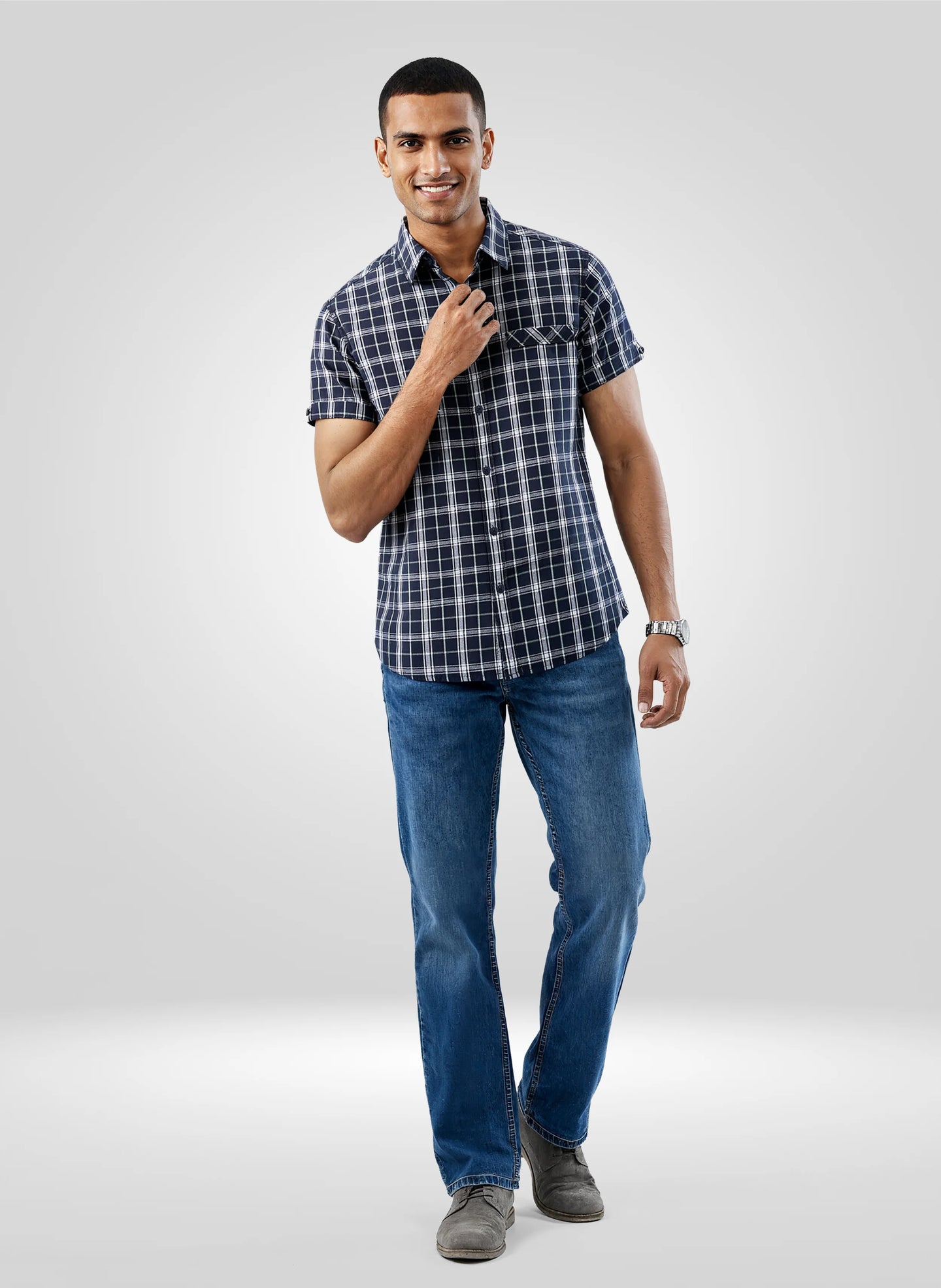 Men Shirt Check Navy Blue Regular Fit