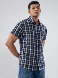 Men Shirt Check Navy Blue Regular Fit