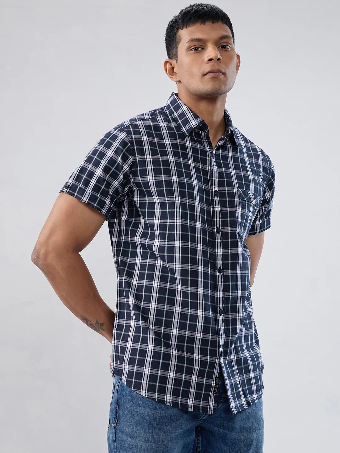 Men Shirt Check Navy Blue Regular Fit