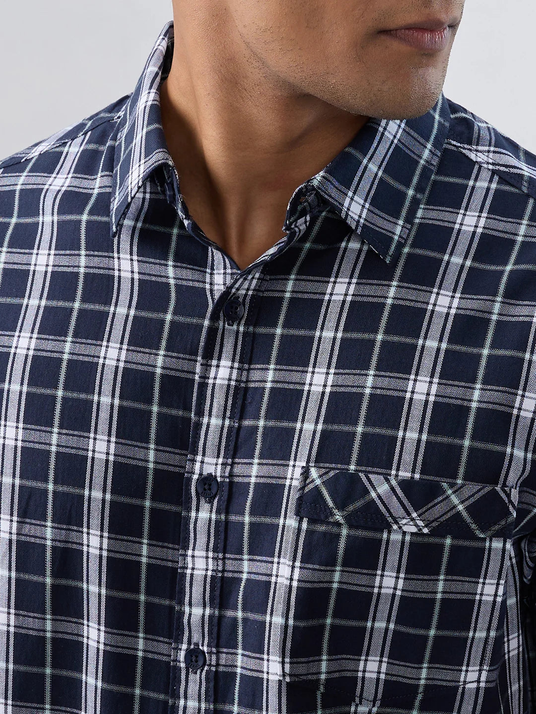 Men Shirt Check Navy Blue Regular Fit