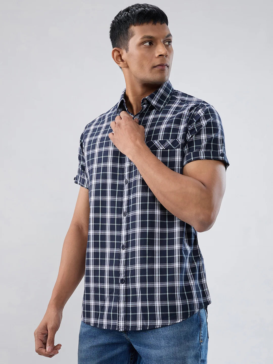 Men Shirt Check Navy Blue Regular Fit