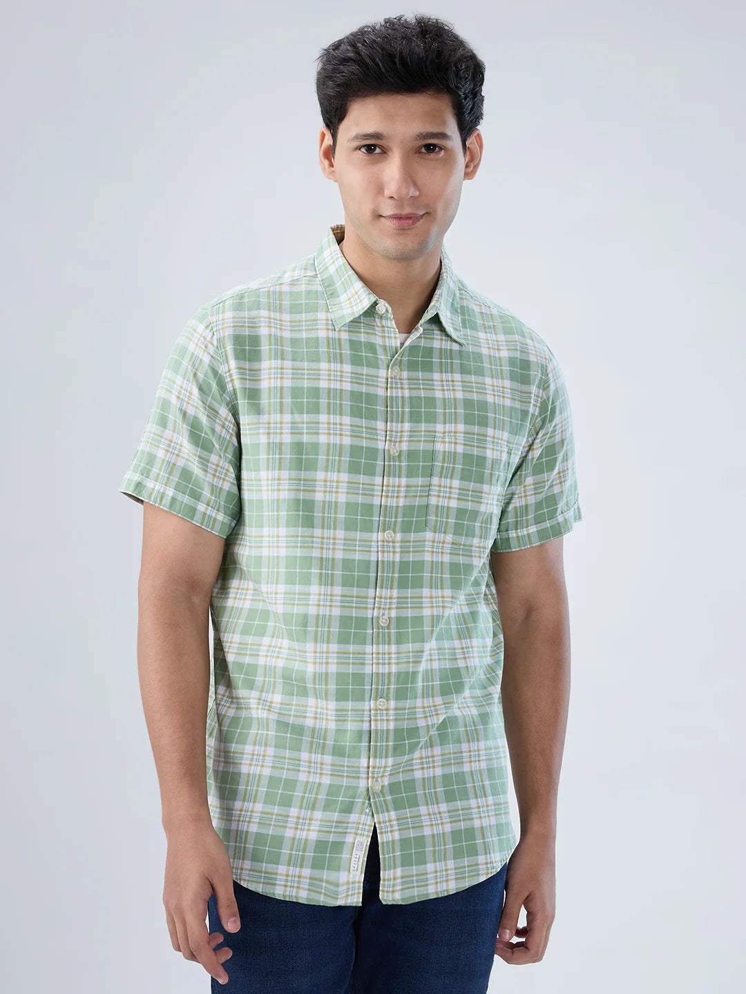 Men Shirt Check Green Regular Fit