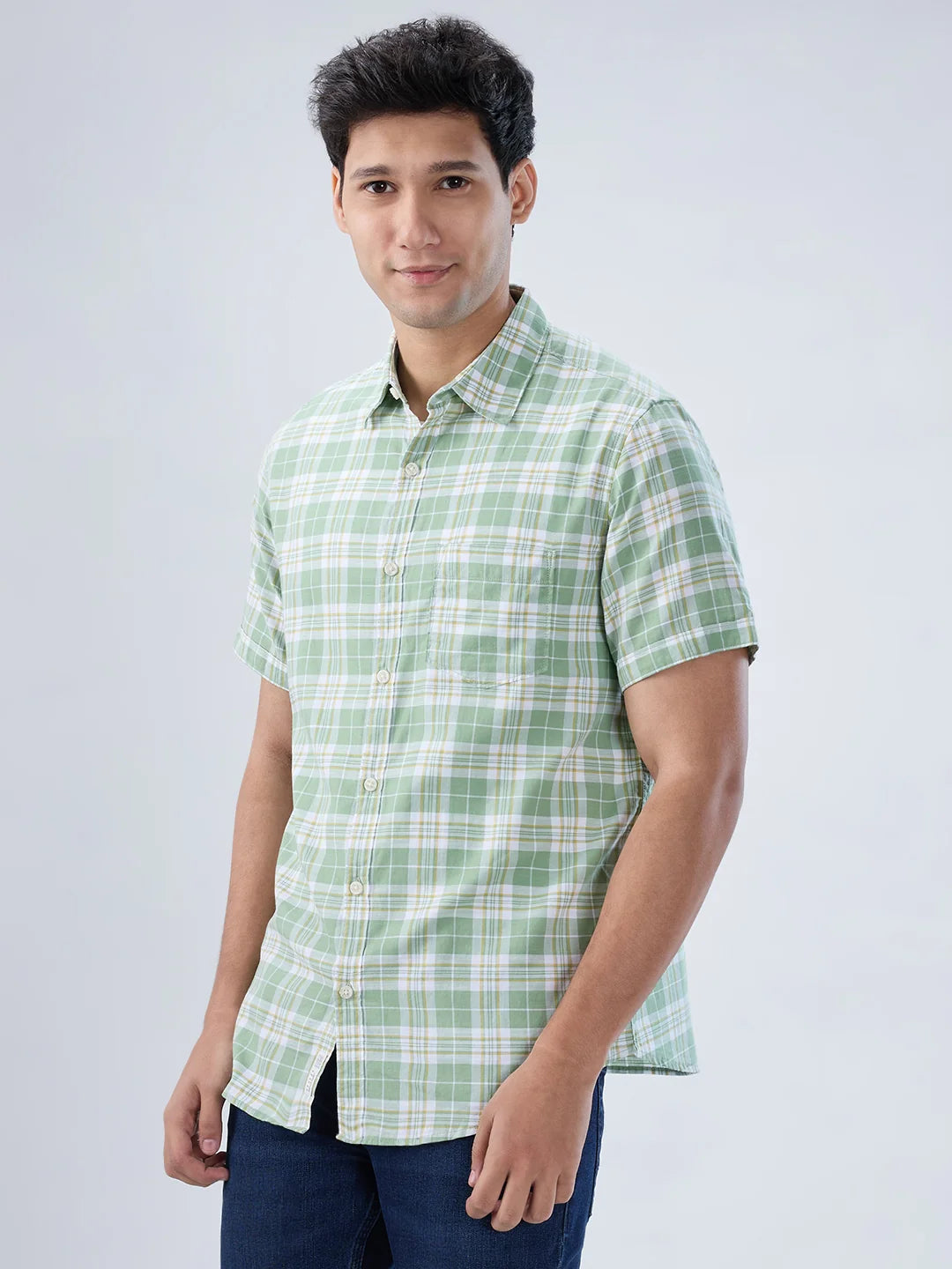 Men Shirt Check Green Regular Fit