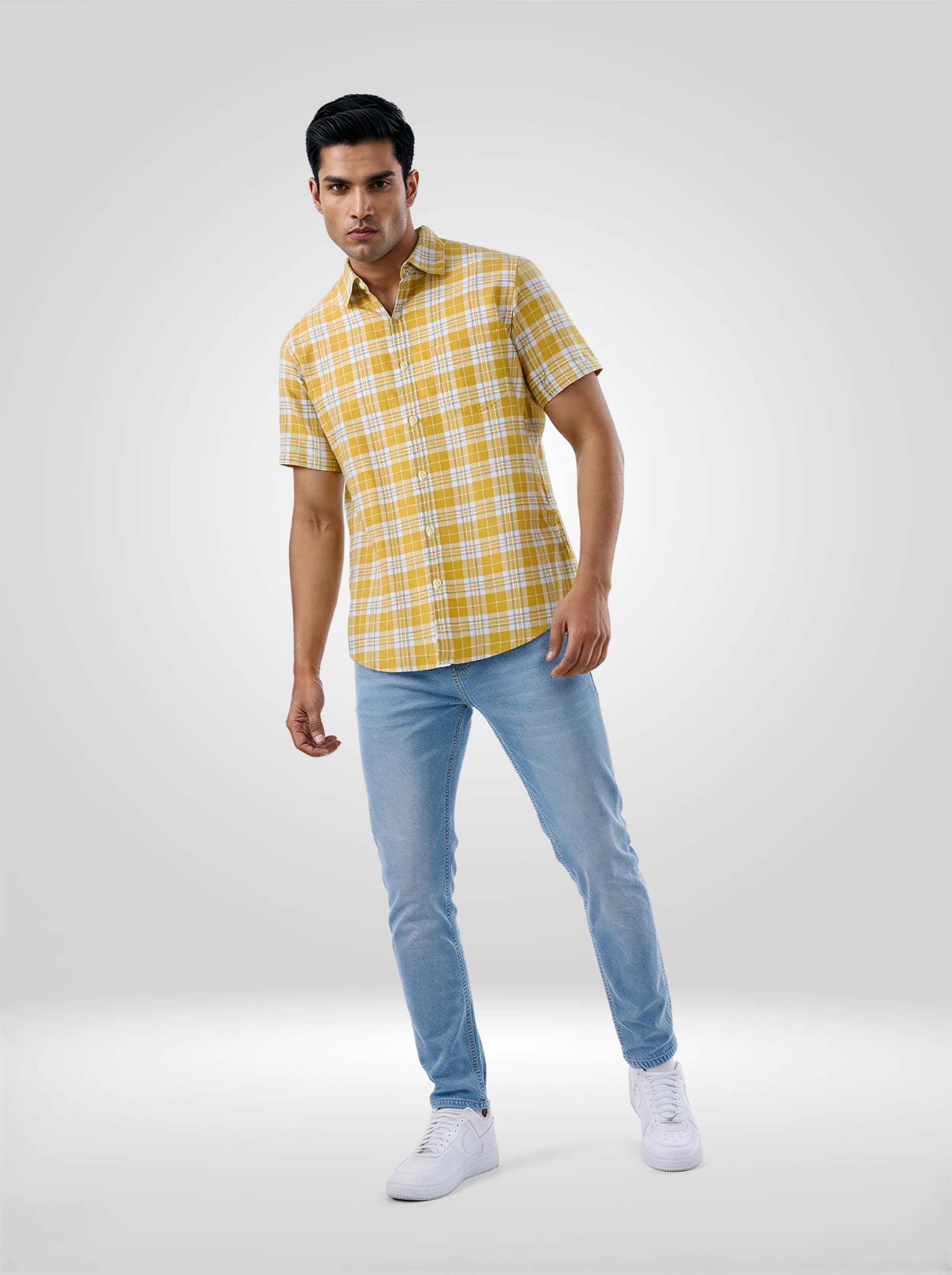 Men Shirt Check Yellow Regular Fit