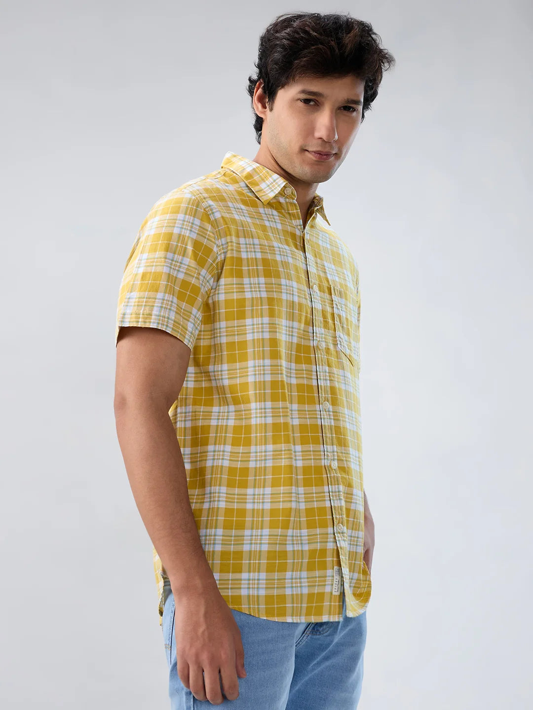 Men Shirt Check Yellow Regular Fit