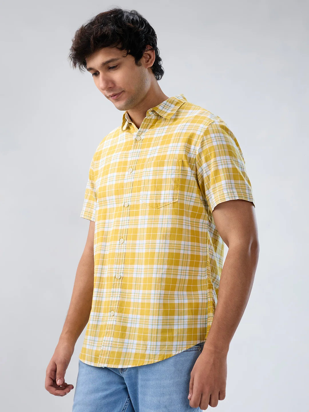 Men Shirt Check Yellow Regular Fit
