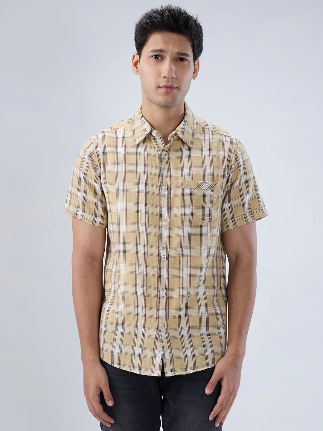 Men Shirt Check Beige Regular Fit
