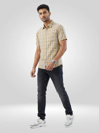 Men Shirt Check Beige Regular Fit