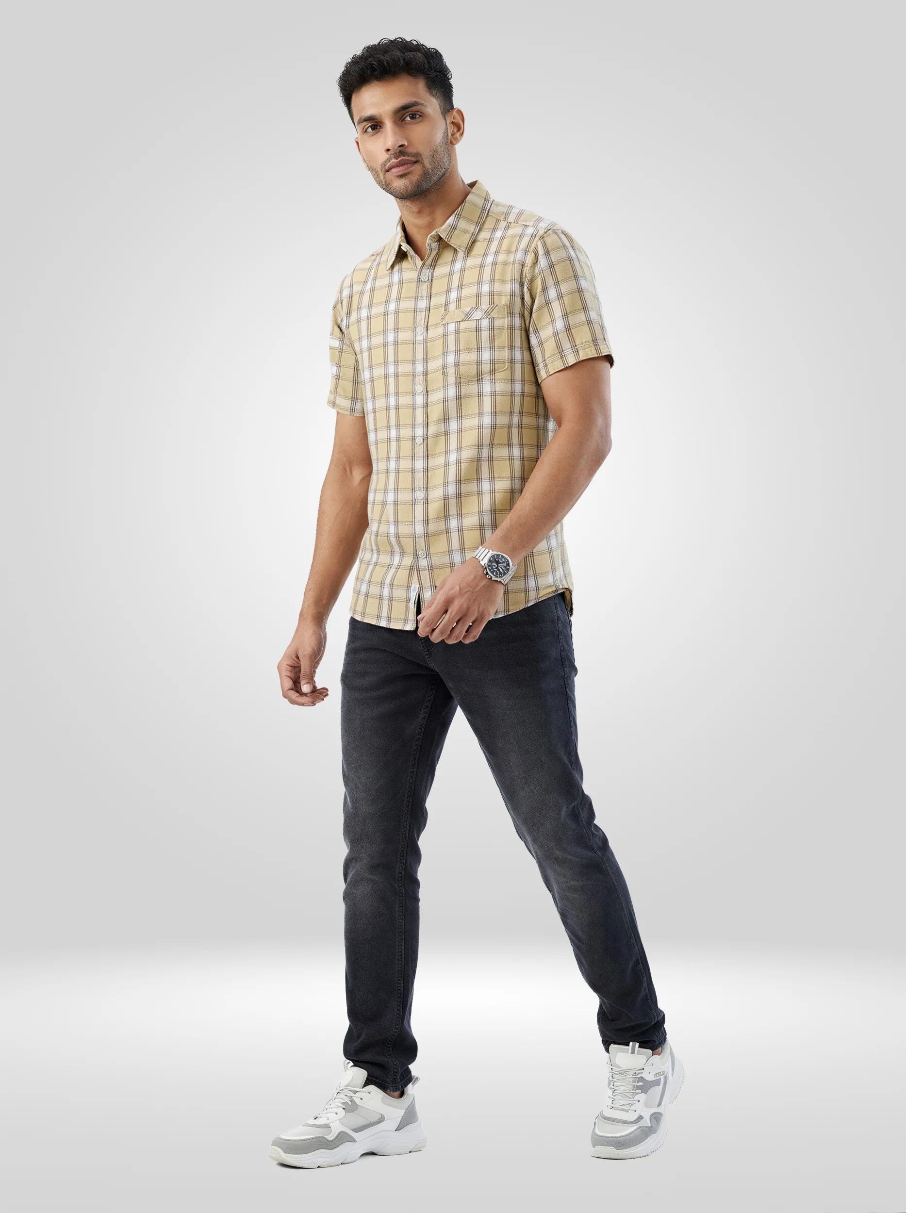Men Shirt Check Beige Regular Fit