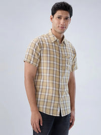 Men Shirt Check Beige Regular Fit