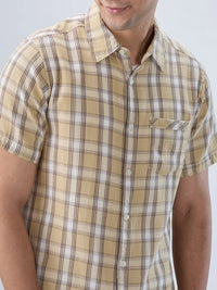 Men Shirt Check Beige Regular Fit
