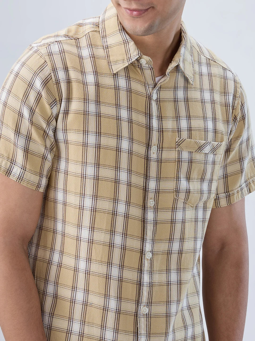 Men Shirt Check Beige Regular Fit