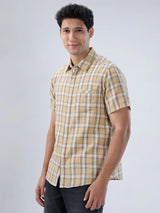 Men Shirt Check Beige Regular Fit