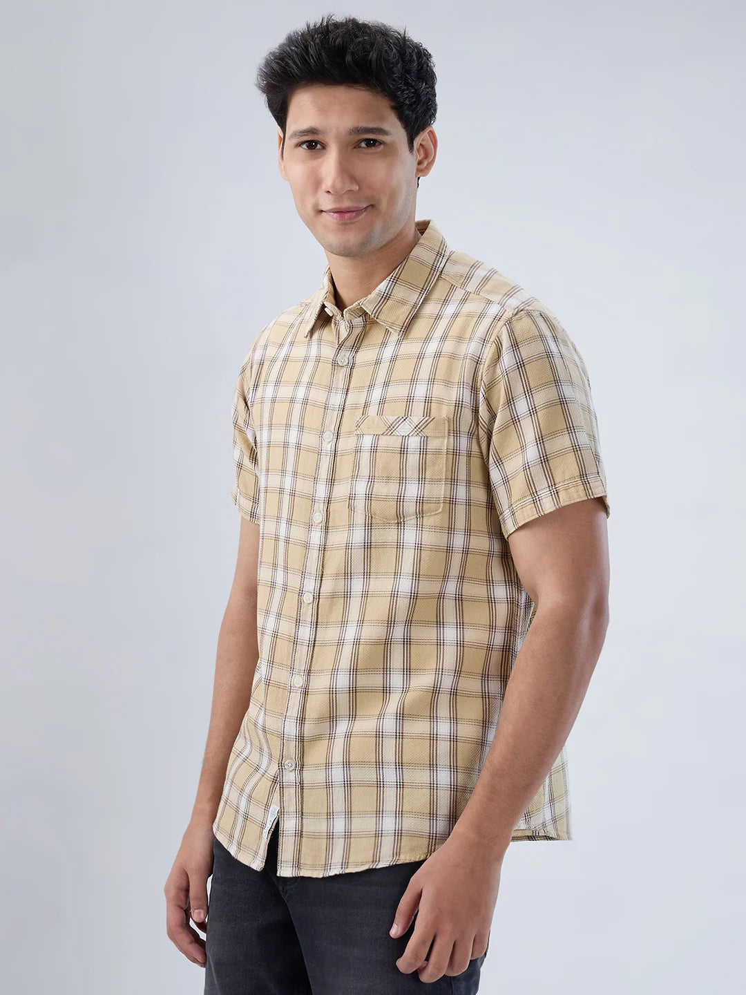Men Shirt Check Beige Regular Fit