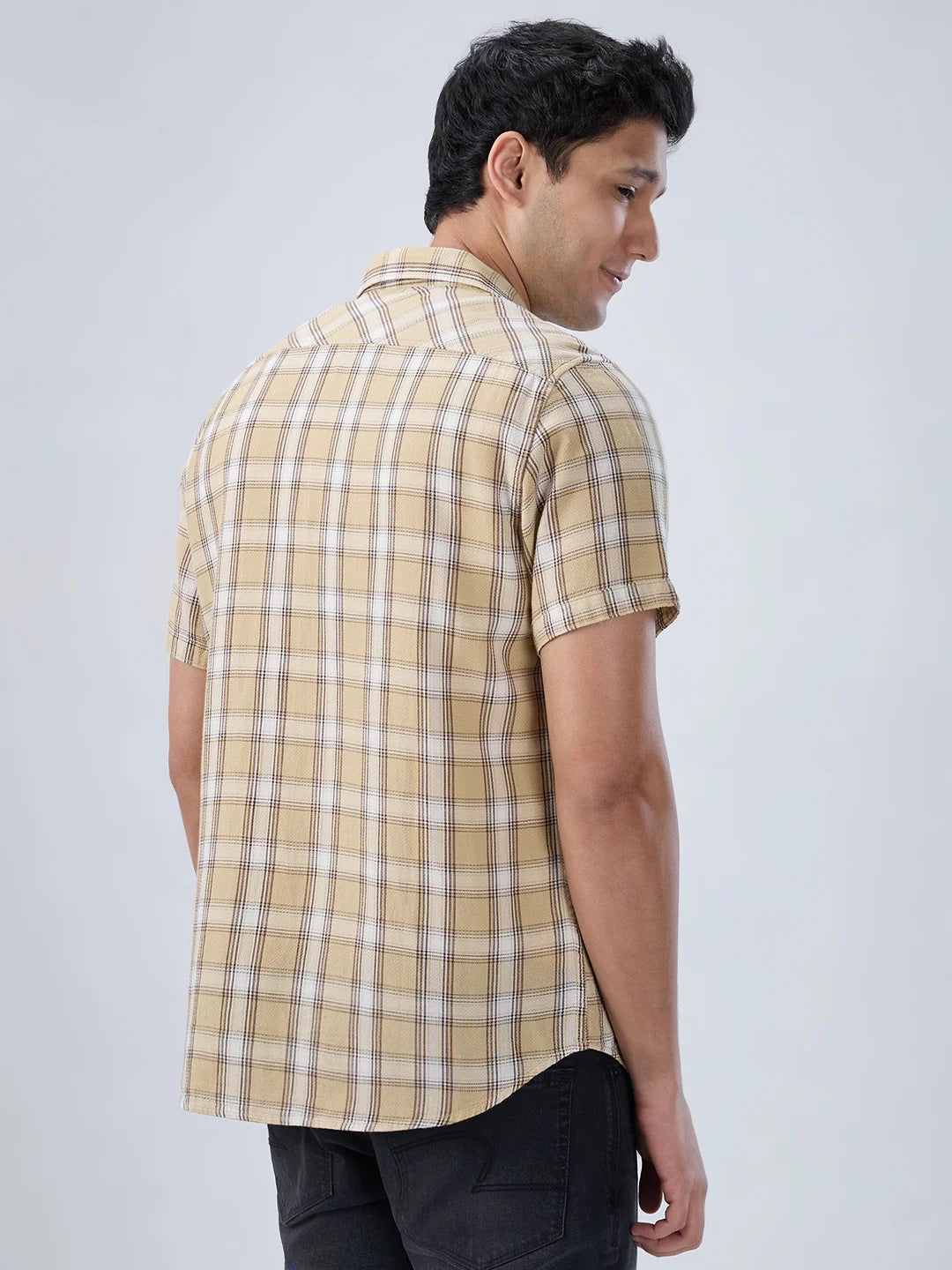 Men Shirt Check Beige Regular Fit
