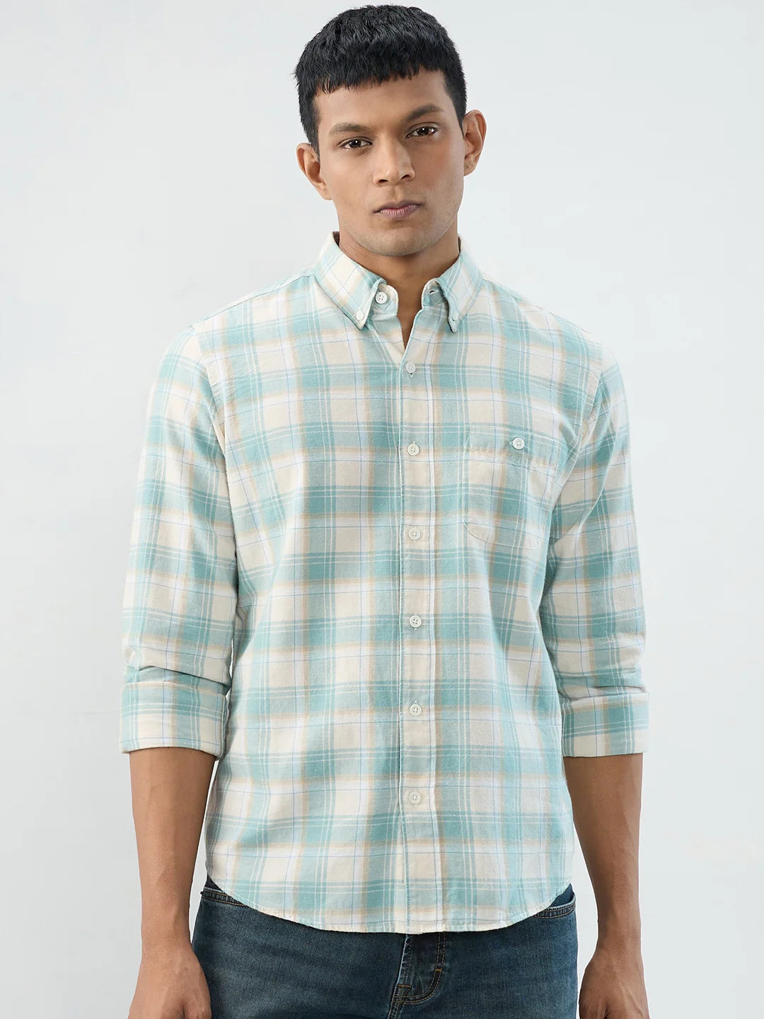 Men Shirt Check Green Regular Fit