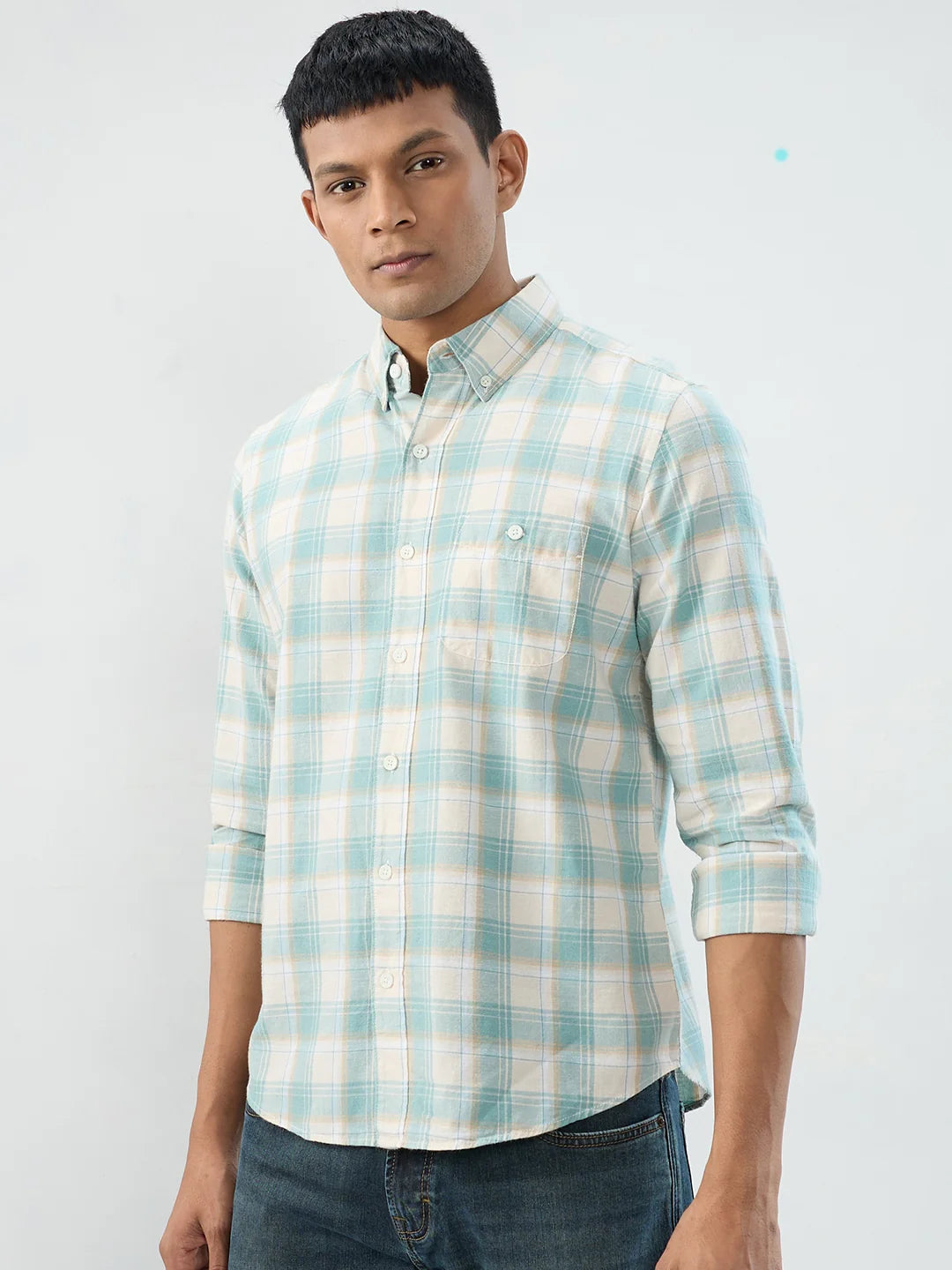 Men Shirt Check Green Regular Fit