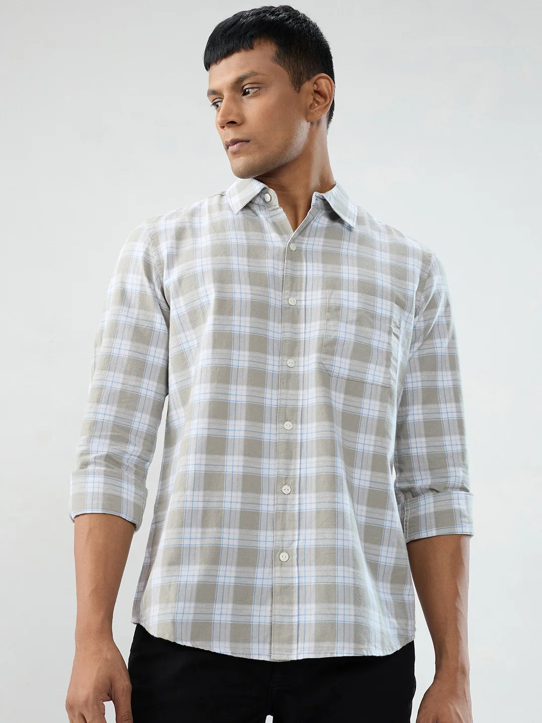 Men Shirt Check Grey Regular Fit