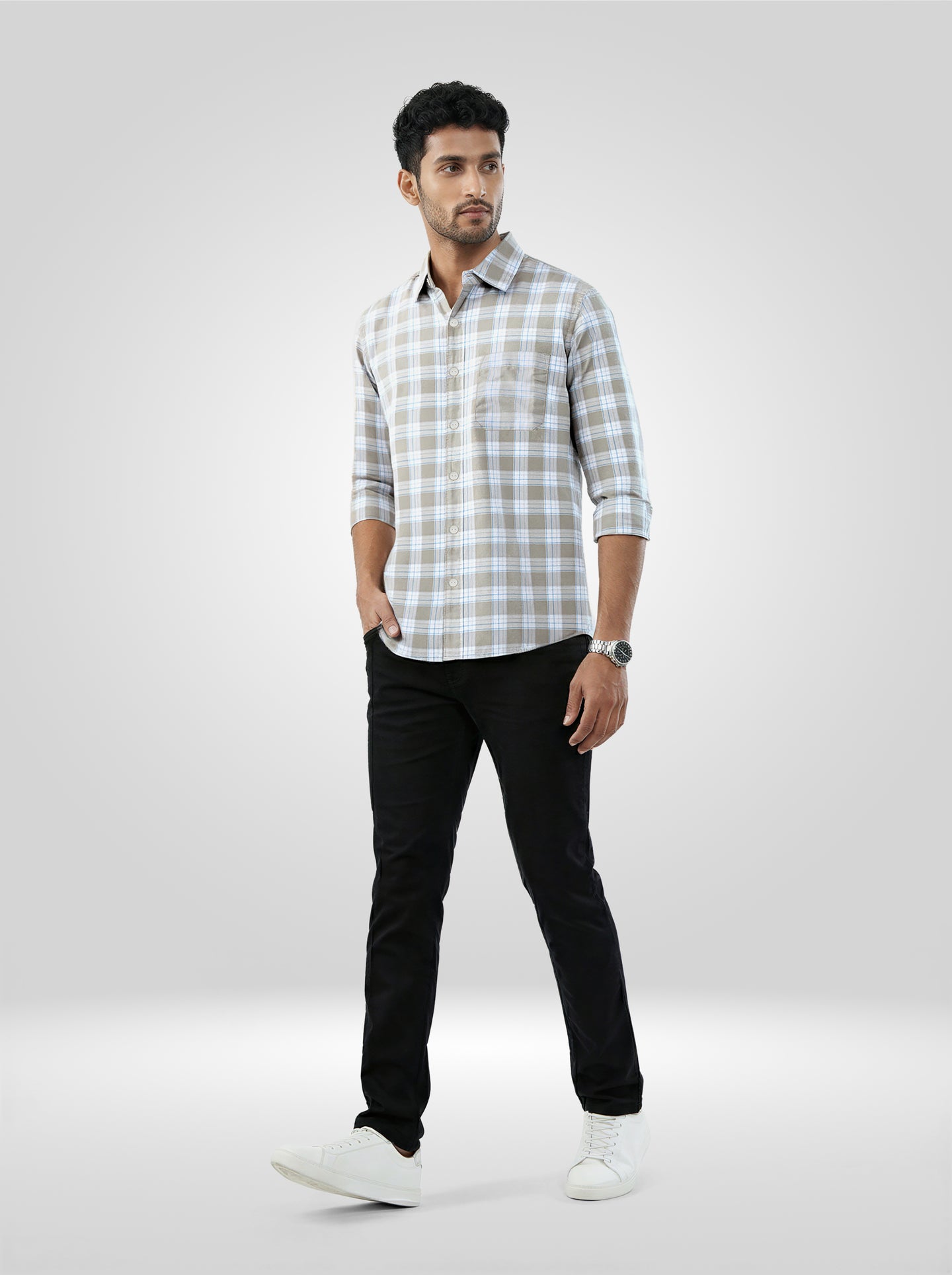 Men Shirt Check Grey Regular Fit